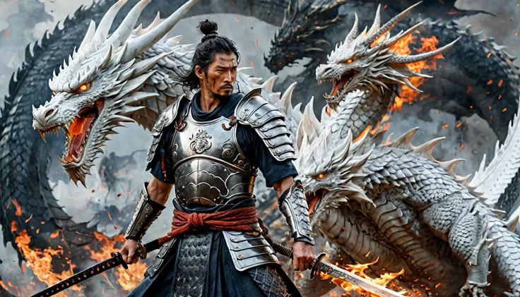 stoic tenjin warrior next to a white dragon, muscular, amazing sword, samurai armor, older, scars, highy detailed, intrikate, fl...