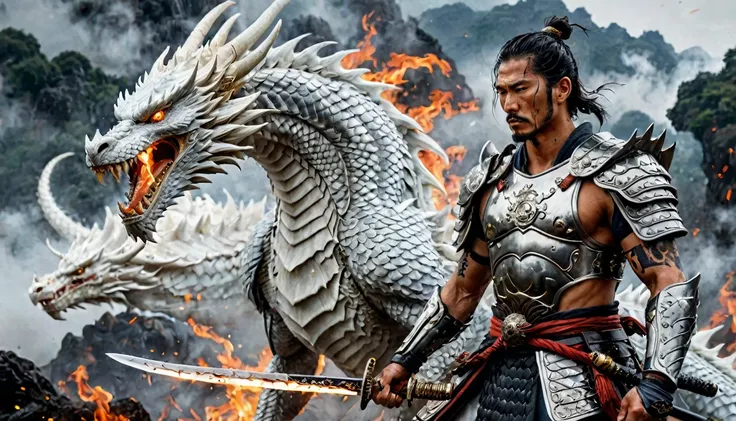 stoic tenjin warrior next to a white dragon, muscular, amazing sword, samurai armor, older, scars, highy detailed, intrikate, fl...