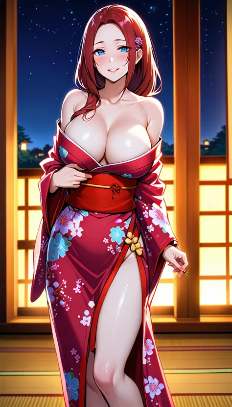 
solo, long hair, breasts, looking at viewer, blush, bangs, large breasts:1.6, hair ornament, cleavage, blue eyes, full body, clip on hair, laughter ,parted lips, japanese clothes, kimono, mole, mole under eye, kushina ,curve body,milf,motherly,mature fema...