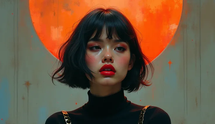 wallpaper, woman head, bob cut, sexual tension, red lips, sexy despair, sweat, loosing control, orgasm, artwork, conceptual artwork, void, abstract, orange blue, turtleneck