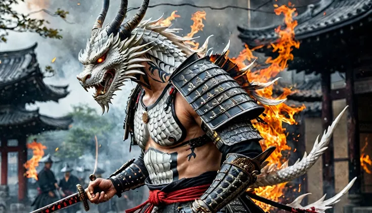 warrior samurai with a white dragon tattoo on his side, muscular, amazing sword, samurai armor, boninto, scars, highy detailed, ...