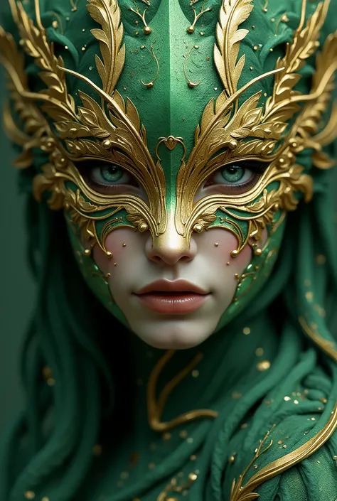 High fae with his nose, cheeks amd brows covered by am exquisite golden mask embedded with emeralds shaped like whorls of leaves