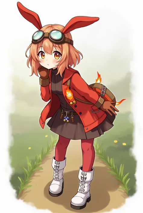 https://genshin-impact.fandom.com/wiki/Amber She have a brown hair and wears a red bow that is shaped like a bunny ears, brown pilot goggles, two small bags with leather belts, a red and brown glove, a Pyro sigil emblazoned on the red and orange ribbon, re...