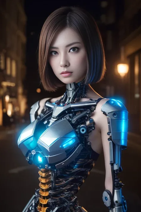 cyborgized japanese woman, extremely ultra cute face, , skinny body, flat chest,  (blue metallic mechanical frame:1.5), (power c...