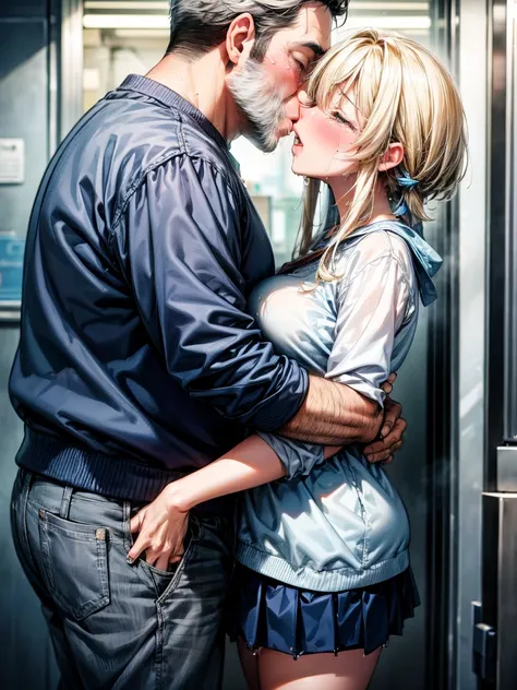 (girl, fat middle-aged man:1.2)、blue knit、pleated skirt、blush、(kissing with a middle-aged man:1.6)、(hug)、train、very detailed、hig...