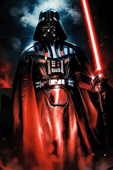 a powerful depiction of darth vader standing in a dark tunnel, illuminated by the red glow of his lightsaber. the red light cast...