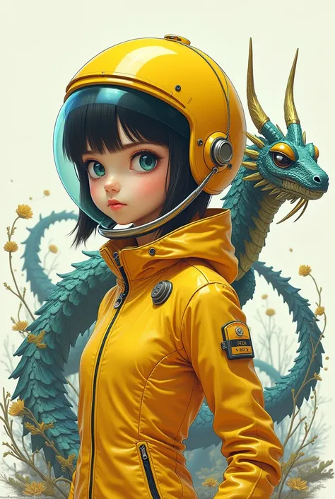 a girl, thunder yellow jacket, tight suit,Space helm of the 1960s,and the anime series ace, Fantastic Surrealism, Post-apocalyptic, Cute Illustration, Bio-Robotic Art, Fantasy Digital Painting, Fantasy Landscapes, Dragon with a futurastic underwater helm F...