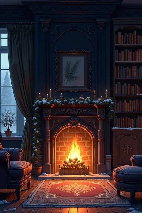 ( 1 night ) interior with fireplace winter illustration living high quality graphics dark interior dark color bookshelf night indoors. Tamanho da imagem deve ter 190945 px por 114567 px.