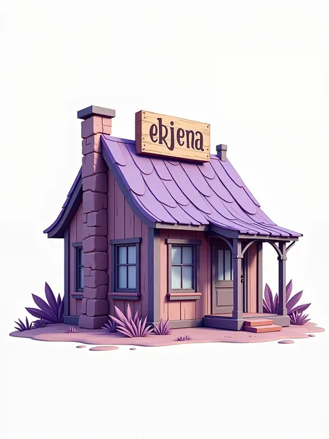 At the center of the image, there is a rustic lilac house with a sign on top of the roof. PNG image. White background.