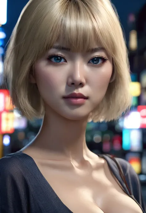 1 woman, she is Japanese, inside a city at night, wearing a gray eco-friendly blouse, feminine dark blue eyes, clear and detailed skin, very large breasts, short and very straight blonde hair with bangs, she is Japanese, dramatic lighting, cinematic compos...