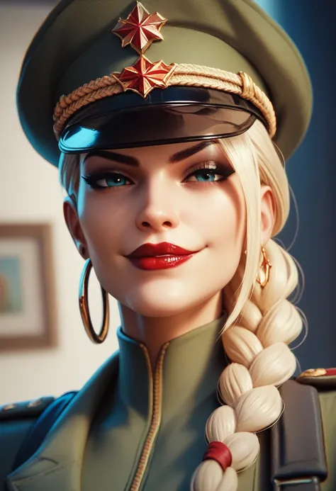 (masterpiece) (best quality) (detailed face) (8k) (sharp focus), 1 military woman, wide smirk, red lipstick, badass and cool