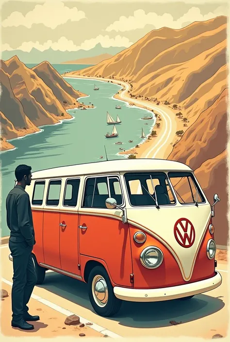 {
  "size": "1024x1024",
  "prompt": "A visually striking illustration featuring a vintage kombi van in the foreground with a minimalistic man standing beside it. The man is drawn with smooth, flowing lines, without facial details, giving him a simple yet ...