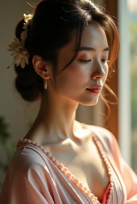 An elegantly dressed Japanese woman in natural light、A close-up of her chest and calm expression.、It shows her inner peace and outer charm.。