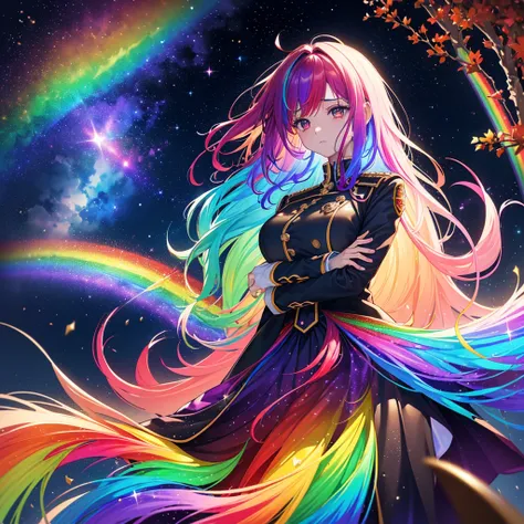 ((Fantasy　Rainbow Hair　Dye the inside of your hair rainbow colors　Long Hair　Dull red eyes　Has a galaxy　uniform　Put on a coat without putting your arms through it　Lonely　despair))　((tears　gloves))　(Broken glass　Distorted Space-Time　star)　Catch the wind　autu...