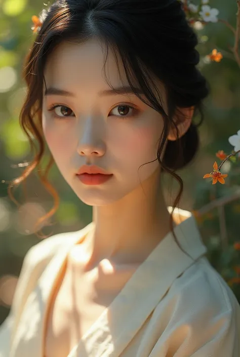 An elegantly dressed Japanese woman in natural light、A close-up of her chest and calm expression.、It shows her inner peace and outer charm.。Eva elfie