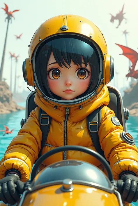 girl, Thunder Yellow Jacket, Tight suit,Space steering in the 1960s,Anime Series Ace, Fantastic Surrealism, Post-apocalyptic, Cute illustrations, Bio-Robotic art, fantasy digital painting, Fantasy Landscape, Dragon Fantasy with Futuristic Underwater Helmet...