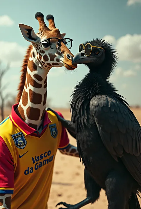 A giraffe wearing a Vasco da Gama shirt, wearing glasses and fighting to the death against a black vulture with glasses