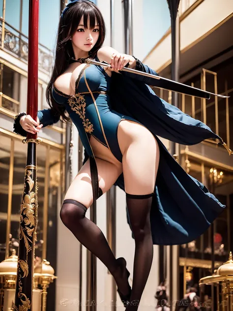 Super high-quality realistic photos of people, young oriental beauties, swordgirl, classical chivalrous costumes, flying swords in hand, full body shot.