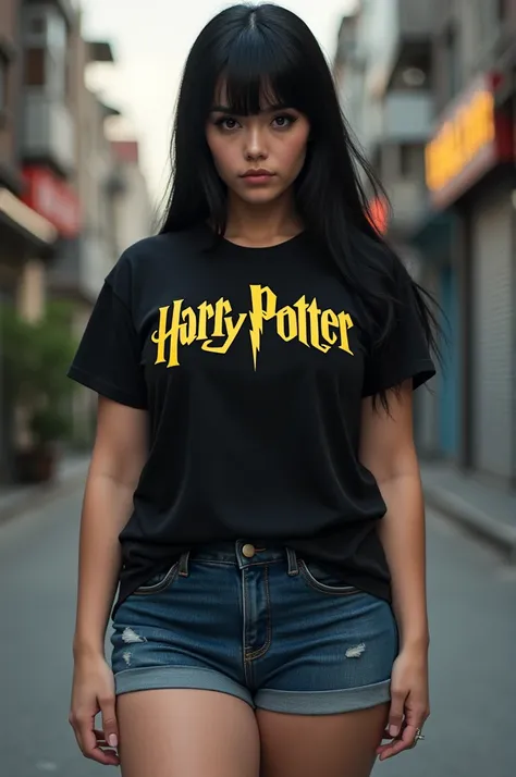 A strict buxom ugly girl with black and more straight hair,big brown eyes,round face,thickest eyebrow,1.72 height,medium weight in black harry potter t-shirt and jean short shorts with medium tits
