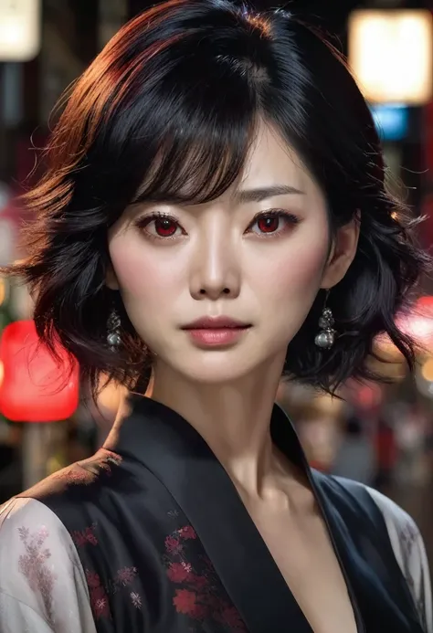 1 woman, , is 40 years old, is Japanese, is inside a city at night, is wearing a black blouse, has feminine red eyes, has fair and detailed skin, has medium length black hair, is Japanese, is dramatic lighting, has cinematic composition, has dark palette, ...