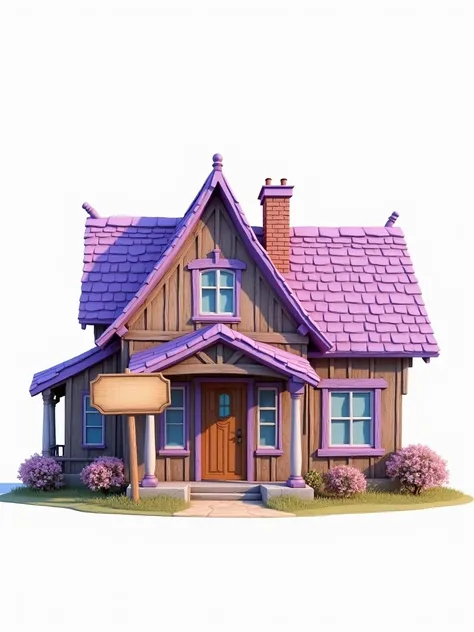 At the center of the image, there is a rustic house with lilac details and a large sign. PNG image. White background.