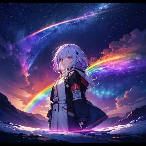 ((Fantasy　Rainbow Hair　髪の内側をRainbow colorsに染める　Long Hair　Dull red eyes,Center close-up　Has a galaxy　uniform　Put on a coat without putting your arms through it,View from the front　Lonely　despair))　((tears　gloves))　(Broken glass　Distorted space-time, explodi...