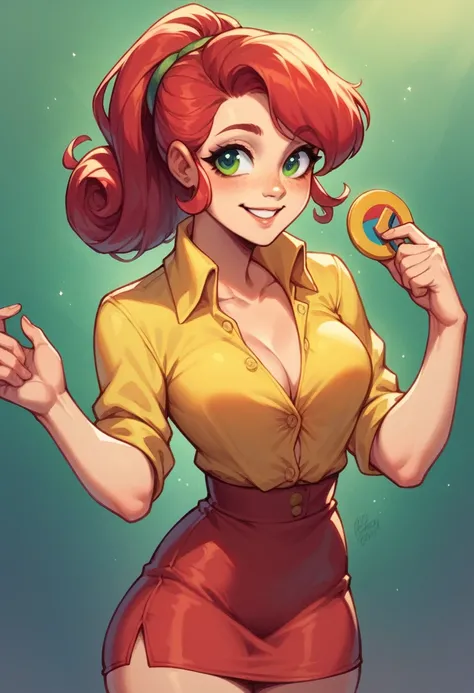 red hair hair tied back green eyes , 18 years old, sexy, showing off curves sexy, gorgeous, caucasian, penny stardew , smiling, cute, tight yellow open buttons shirt and a red skirt