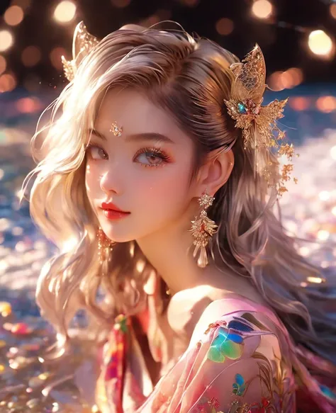 8K,Asian cute girl，an extremely delicate and beautiful,Beautiful and realistic skin,Shiny jewel-like earrings,pompadour,like glitter silver hair,,beautiful eyes,full body