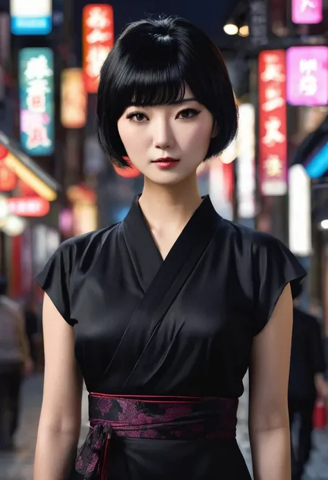 1 woman,, she is Japanese, inside a city at night, wearing a traditional black dress, dark black feminine eyes, fair and detailed skin,, black pixie cut hair with choppy bangs, she is Japanese, dramatic lighting, cinematic composition, dark palette, dark c...