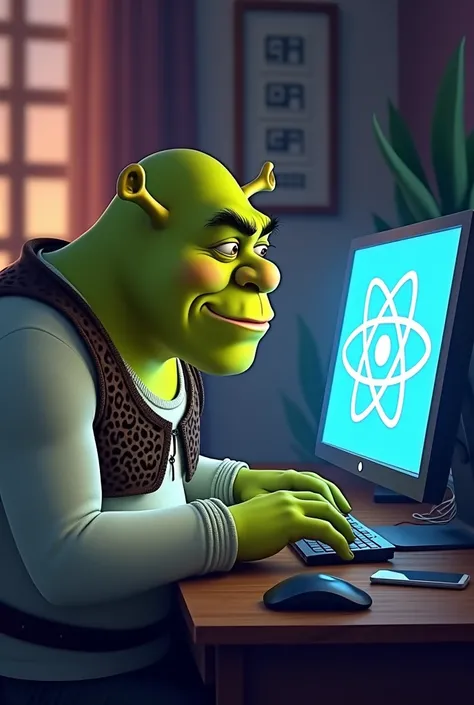 shrek became a frontend developer and uses the react library while shrek is on the computer and the react logo is on the monitor