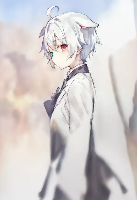 1shota , white hair, heterochromia, short hair ,ahoge , bangs, cat ears