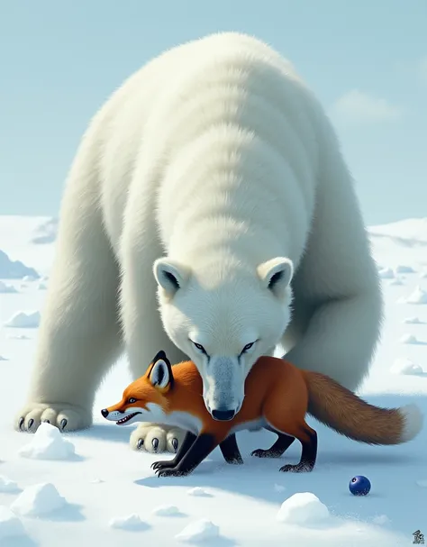 polar bear eat A fox with with blueberry in ear