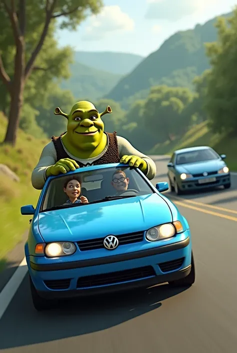 Shrek drives behind a blue Volkswagen Polo