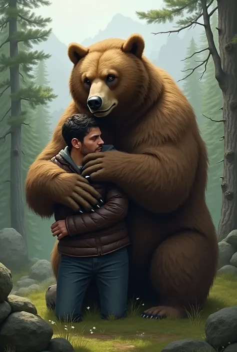 A bear hugging a man very tightly 