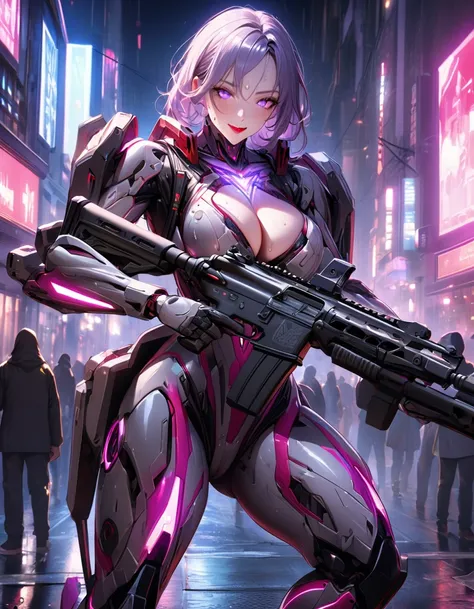 A young and beautiful person,(Highest quality,Extremely detailed depiction,Incredibly absurd high resolution,Anatomically accurate depiction,Curvy Legs),(Glowing Skin),(Futuristic body suit:1.3,Futuristic exoskeleton,Huge assault rifle:1.3),eyelash,(Lumino...