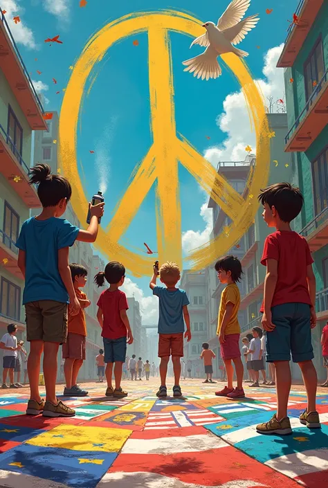 Children graffitiing the symbol of peace colored with spray,paz no limits,flags of the nations ,paisaje,world colors,Dove,flags on the ground embroidered,no limit