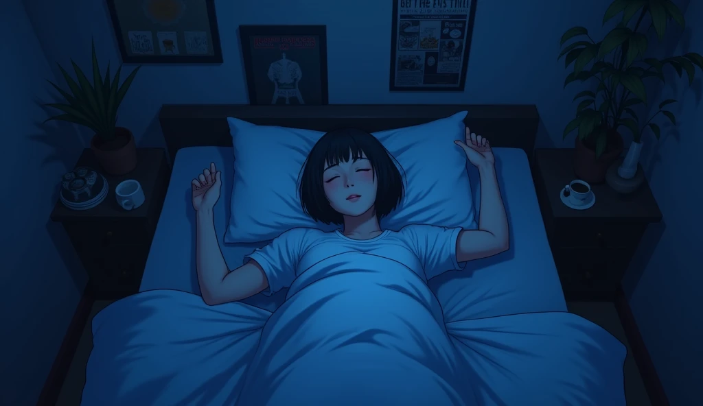 One person, Lie on your back in bed without covers,Overhead shot,Shot from above,Blue light,Deep room,Blur the background,Band posters on the wall,A round, heavy bob haircut,19 years old,White T-shirt,Dark Room,Anime Style,High resolution, 