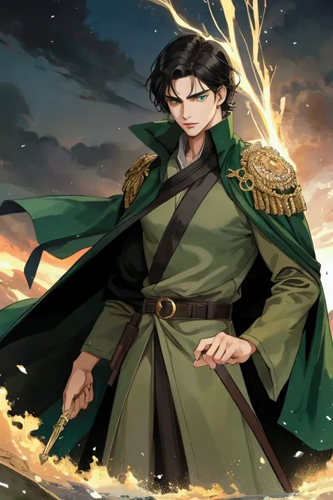 Olive skin, medium length black hair, young man, good looking, Nobleman, green eyes, Antiquity, on a battlefield, mage, anime style