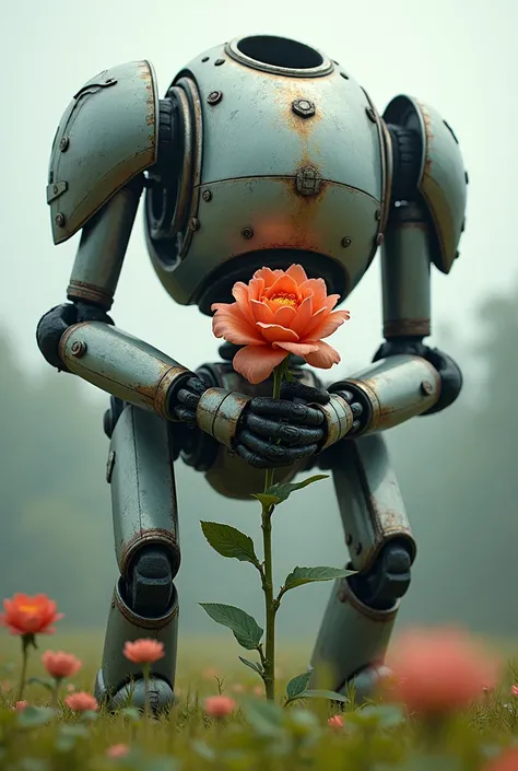 Big robot hugging beautiful flower 