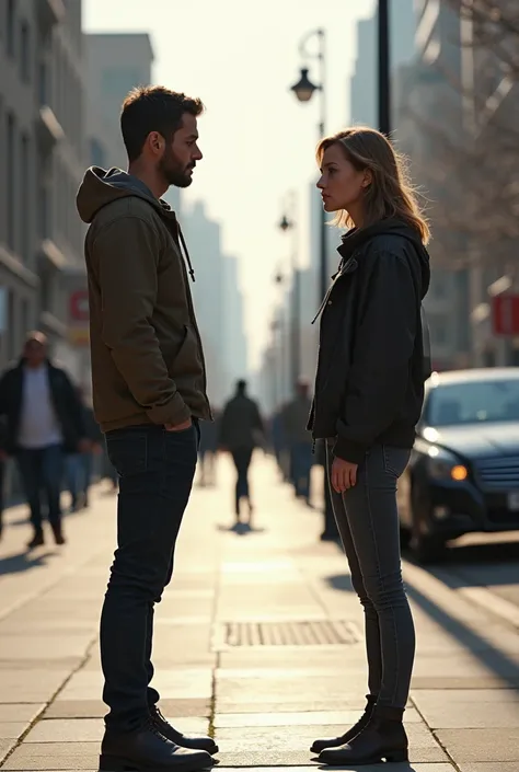 Two people stop before reaching the sidewalk.