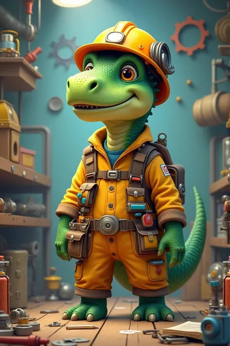 Animated dinosaur wearing engineer clothes 