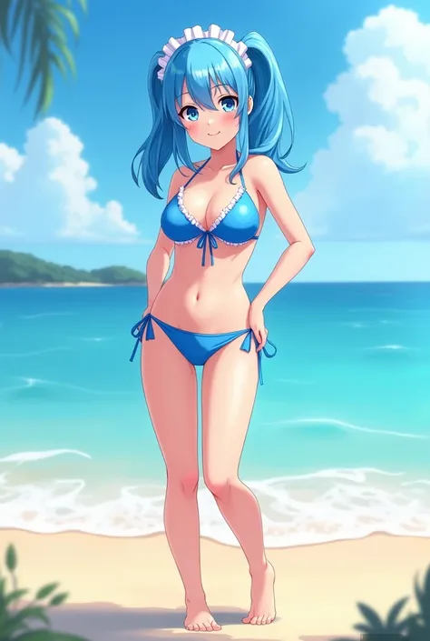 Rem in Re:zero, 2,5D, anime, full body shot, on the beach, full hd, blue bikini suit , standing, feel happy