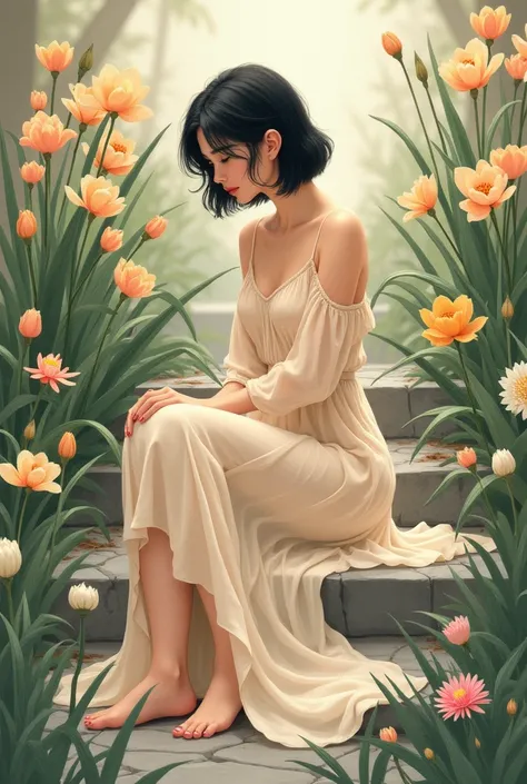 Illustration style，Depicting a woman with thick, short black hair，Wearing a flowing beige chiffon dress，Sitting on the stone steps，Irises bloom all around，lily，tulip。The texture is fine，Complex details，Soft lighting，Like a work of art。