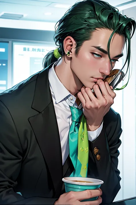 alone、Kiss the cup、White neckerchief around the neck、Man wearing headphones、Black suit、Green Haired Man、ponytail、