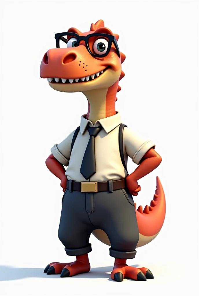 Animated dinosaur in computer engineer clothes on white background 