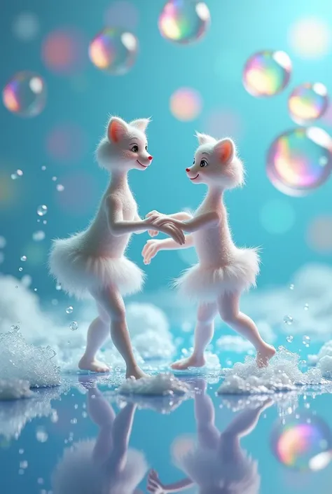 
The two toothbrushes are now brushing each other in a synchronized dance. Their movement is fluid and graceful, as if they were performing a ballet. Around them, toothpaste bubbles float in the air, reflecting rainbow colors. The scene is filled with joy ...