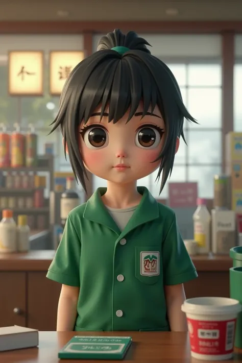 Real、Japanese、Twenty generations、、Convenience store clerk、Green uniform、Black Hair、ponytail、Baby Face、Young、Childish、Child body type、Slightly dark-skinned、More cute than beautiful、Bushy eyebrows、Long eyelashes、Slightly wide-set eyes、Background is inside a ...