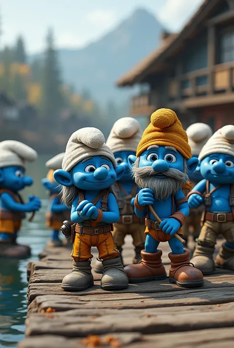 a group of smurfs with papa smurf and grandpa smurf dressed flamboyantly with makeup like characters from the video game rust with handmade fishing rods fishing at the wooden pier of the small fishing village 