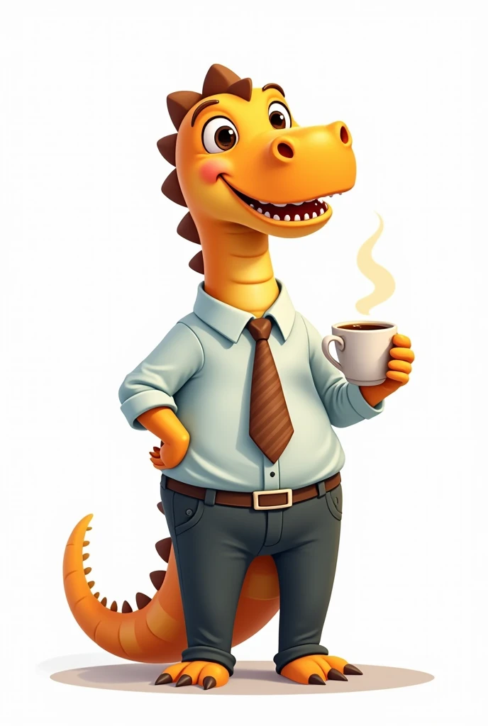 Cute animated dinosaur in office clothes drinking coffee on white background 