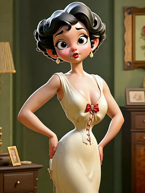 (masterpiece), (realistic), (((NSFW))). (ultra hd 8k), (realistic body proportions). Betty Boop as a 14yo teenage Gibson Girl wearing her Edwardian lingerie. Year 1906. Strapless bullet brassiere, S-bend corset, high-waisted crotchless bloomers, silk stock...